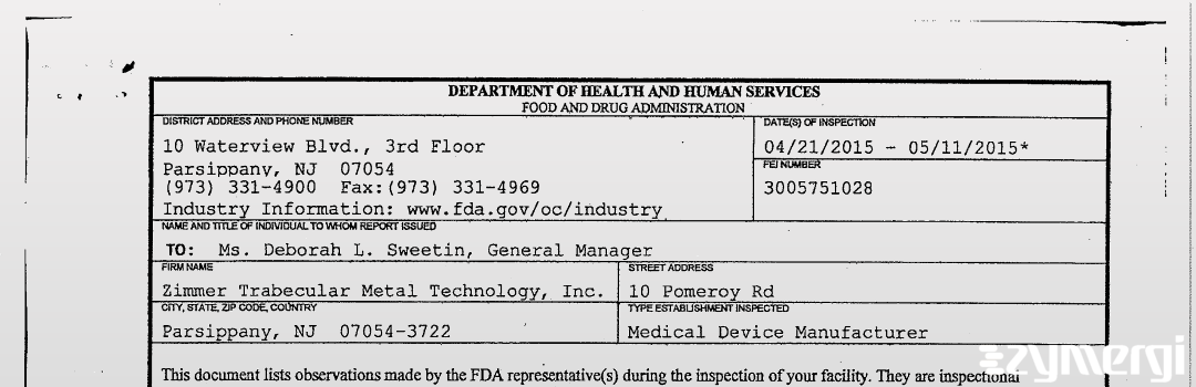 FDANews 483 Zimmer Trabecular Metal Technology, Inc. May 11 2015 top