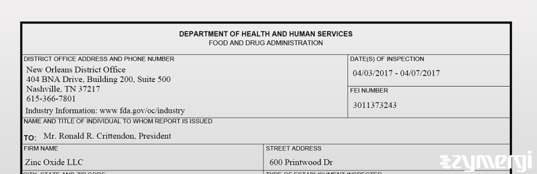 FDANews 483 Zinc Oxide LLC Apr 7 2017 top