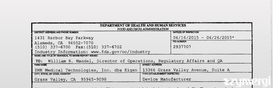 FDANews 483 ZMK Medical Technologies, Inc. dba Eigen Jun 26 2015 top