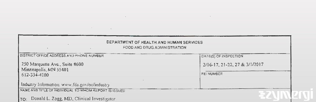 FDANews 483 Zogg, Donald L., M.D., Clinical Investigator Mar 1 2017 top