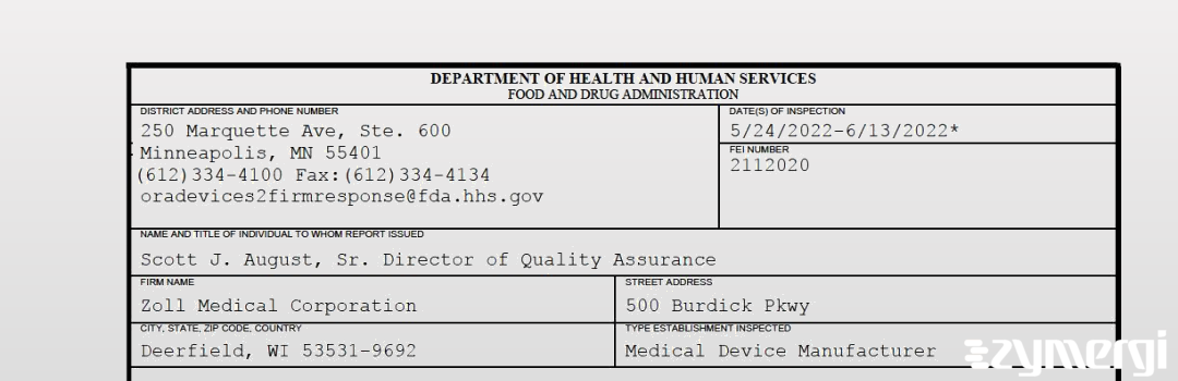 FDANews 483 ZOLL Medical Corporation Jun 13 2022 top