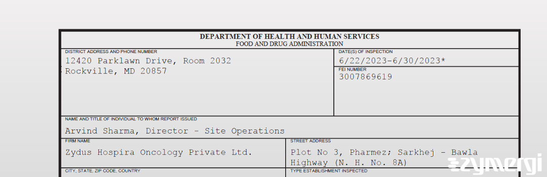 FDANews 483 Zydus Hospira Oncology Private Ltd. Jun 30 2023 top