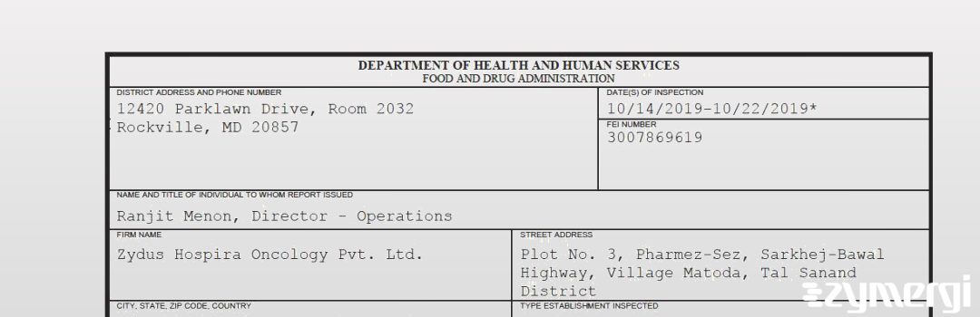 FDANews 483 Zydus Hospira Oncology Pvt. Ltd. Oct 22 2019 top