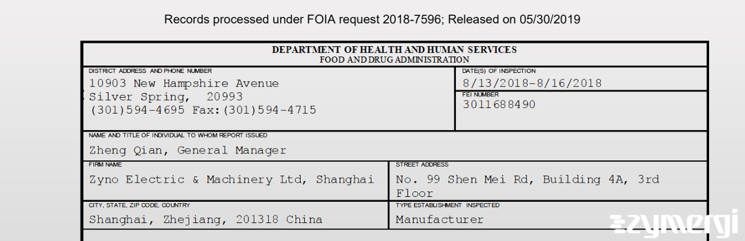 FDANews 483 Zyno Electric & Machinery Ltd, Shanghai Aug 16 2018 top