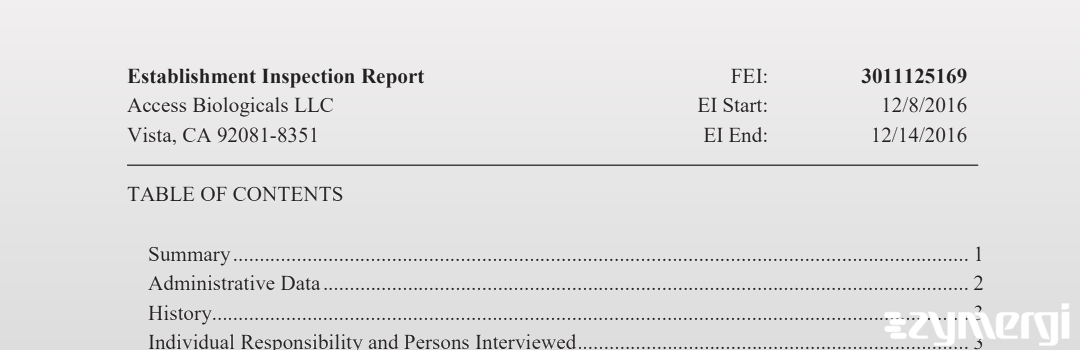 FDANews EIR Access Biologicals Llc Dec 14 2016 top