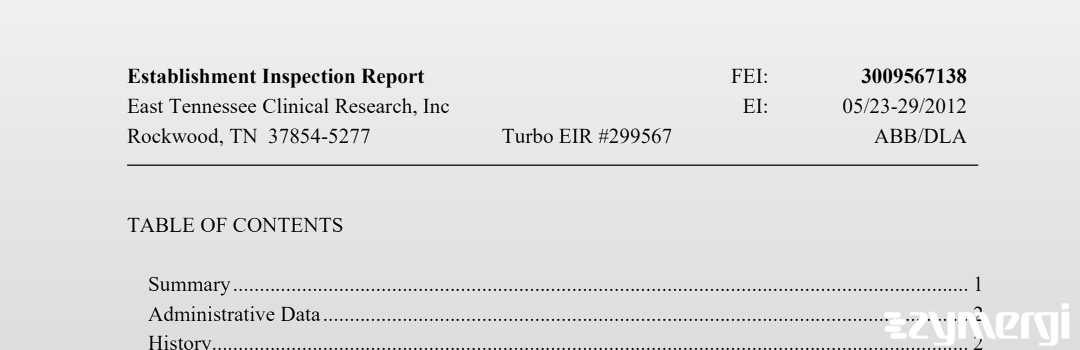 FDANews EIR East Tennessee Clinical Research, Inc May 29 2012 top