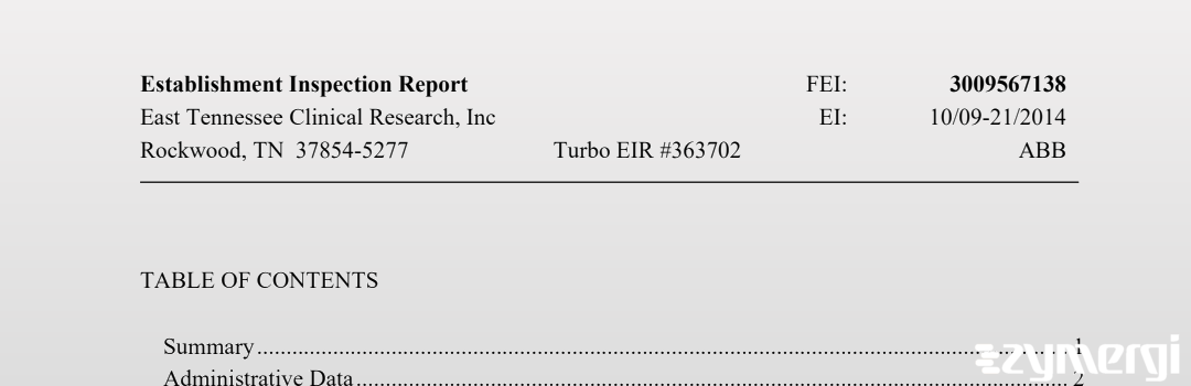 FDANews EIR East Tennessee Clinical Research, Inc Oct 21 2014 top