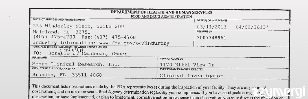 FDANews EIR Moore Clinical Research Inc. Apr 2 2013 top