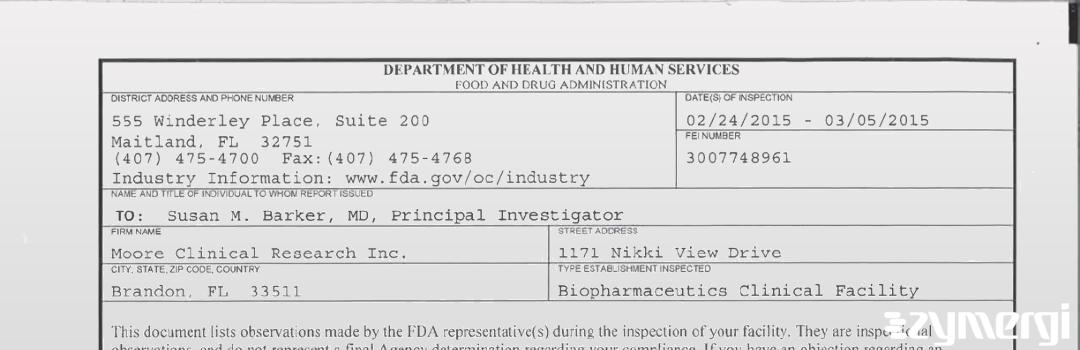 FDANews EIR Moore Clinical Research Inc. Mar 5 2015 top