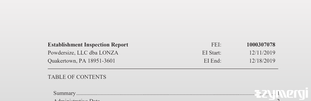 FDANews EIR Powdersize, LLC dba LONZA Dec 18 2019 top