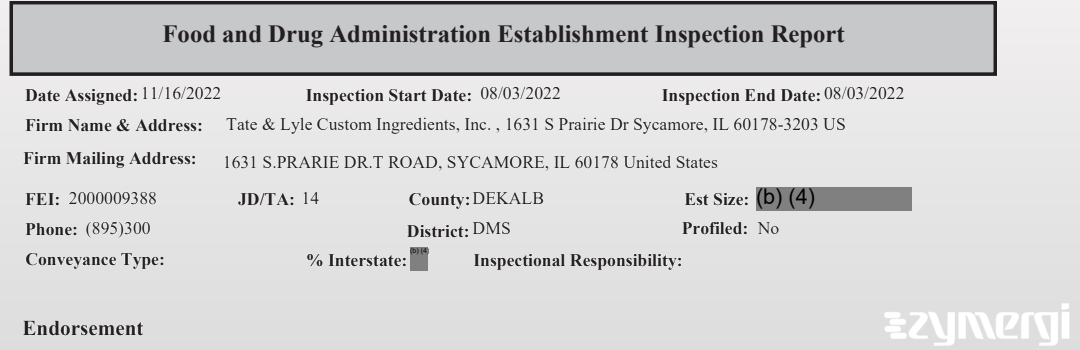 FDANews EIR Tate & Lyle Custom Ingredients, Inc. Aug 3 2022 top